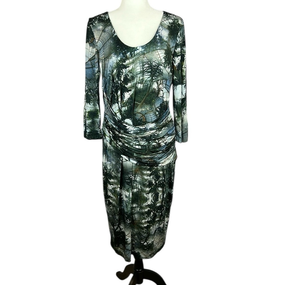 Escada Classic Scenic Print 3/4 Sleeve Ruched Bodycon Midi Dress Size EU 42